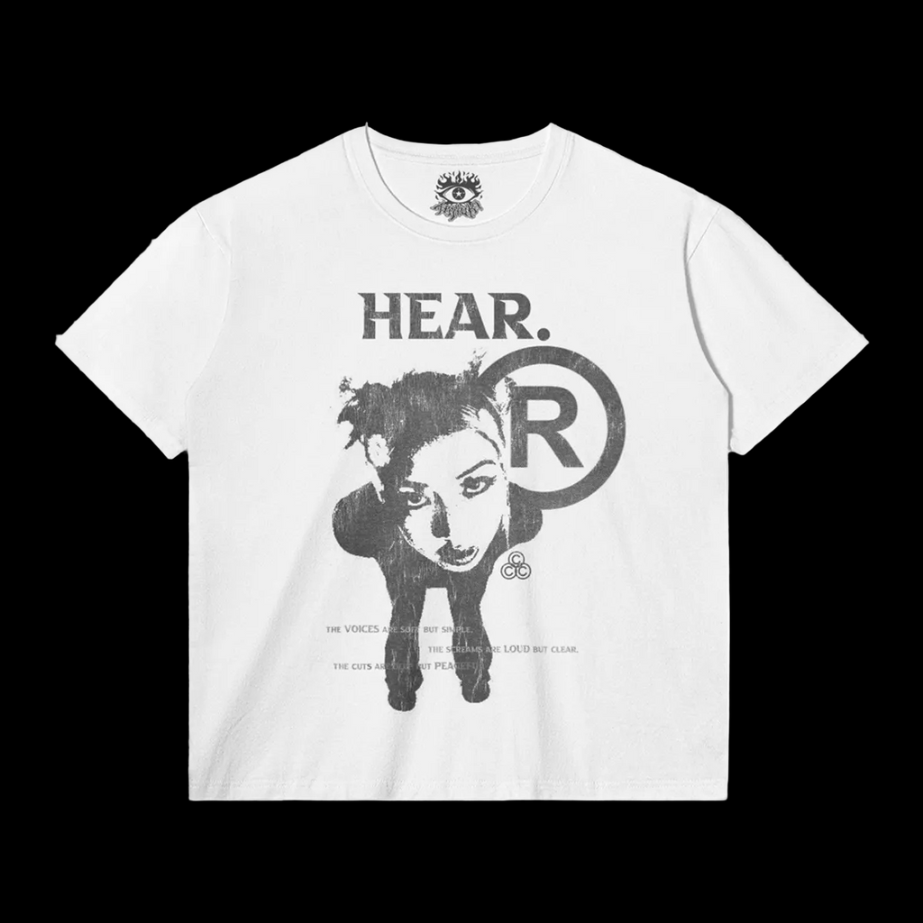 HEAR Streetwear Tee White Cotton T Shirt Classic Fit 180 GSM DTG Print